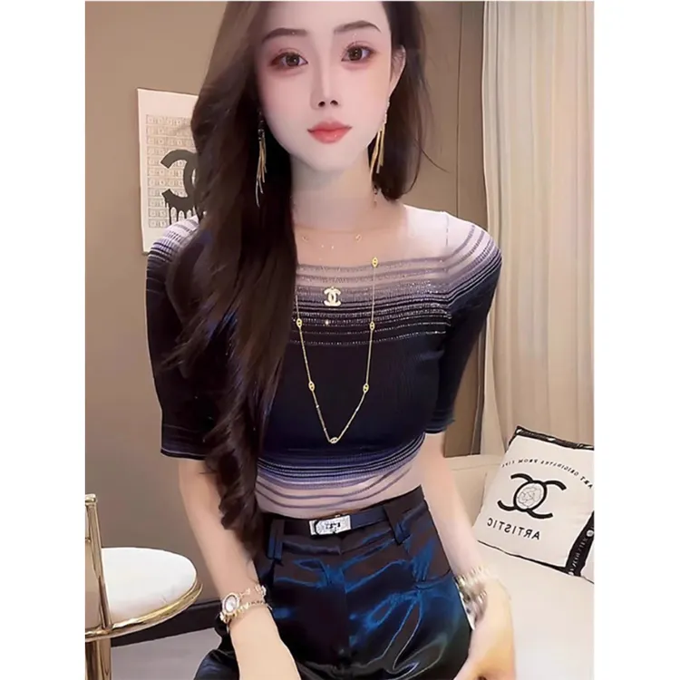 欧货微透渐变中袖针织T恤女秋季巨好看设计感五分袖打底衫上衣