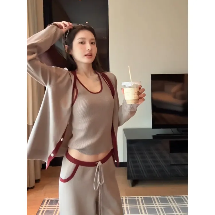 韩版高级感开衫吊带睡衣女款2025秋季新款休闲显瘦长裤家居服套装