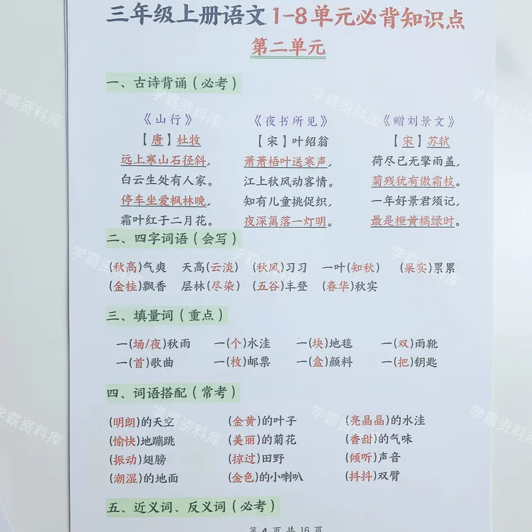 小学三年级上册语文1 - 8单元考点总结必背知识点汇总