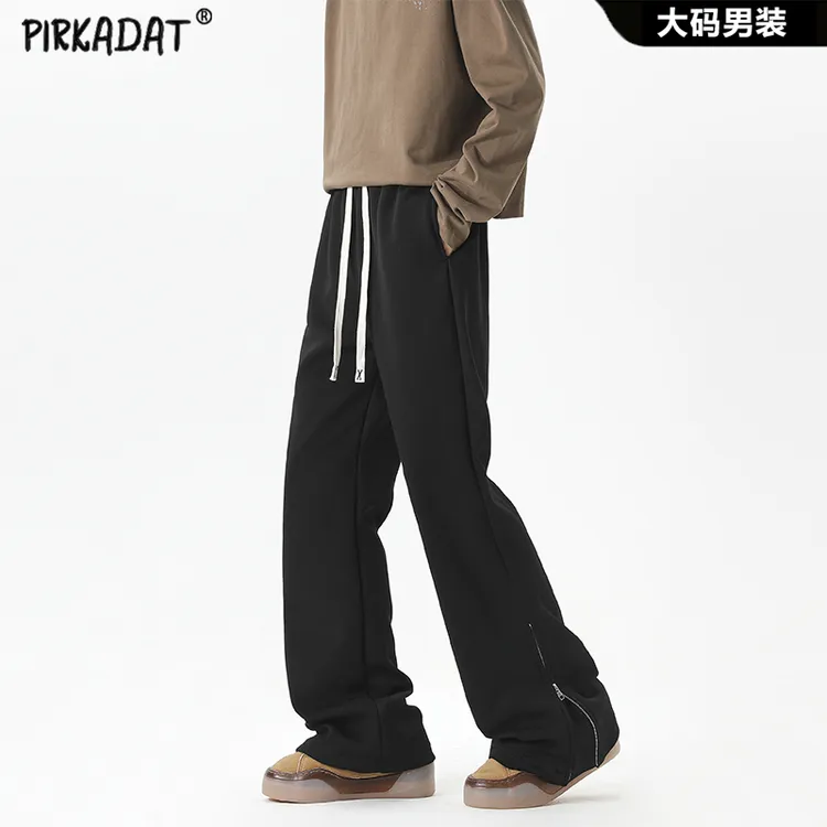 Pirkadat拉链微喇卫裤男士冬季美式直筒宽松休闲裤子垂感运动长裤