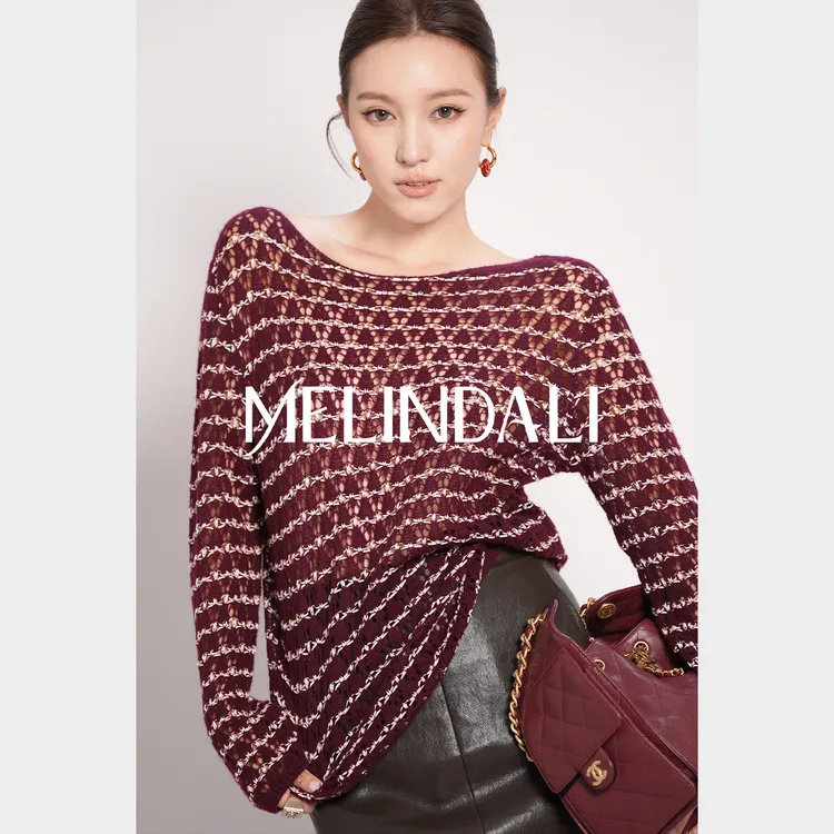Melinda Li【轻盈酒红】绵羊毛梅洛酒红提花镂空肌理长袖套头衫毛衣