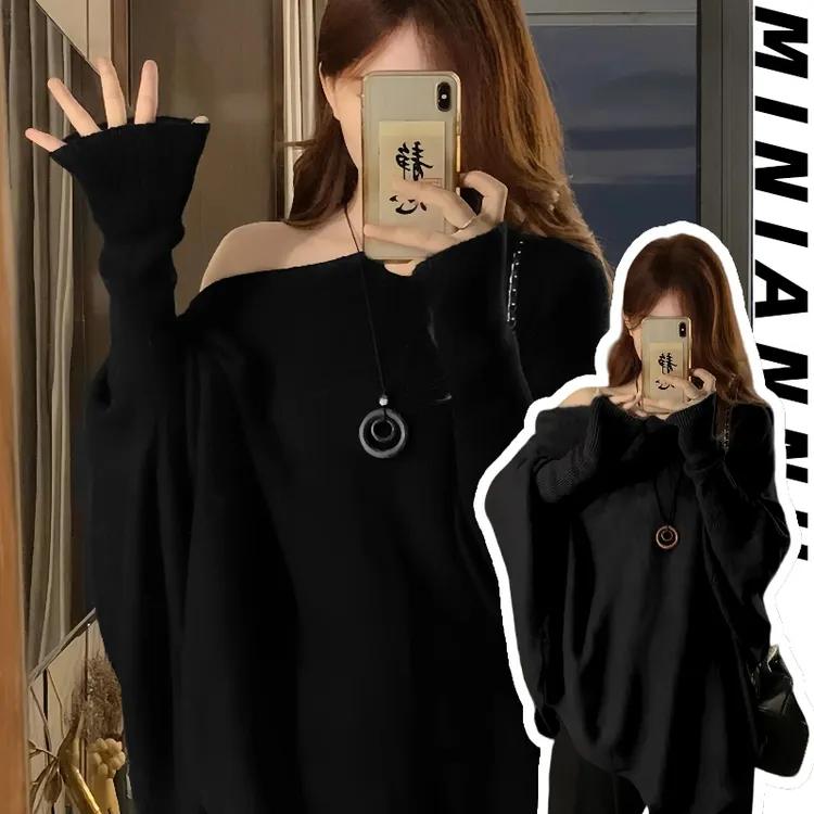 300斤特大码女装韩版慵懒气质斜领蝙蝠袖针织毛衣女胖mm宽松上衣