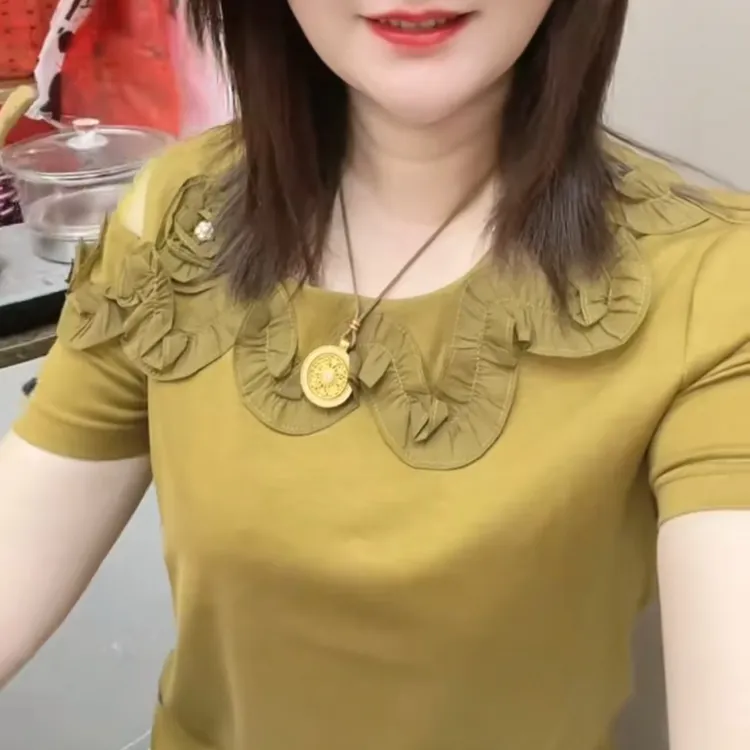 夏季气质名媛同款领左肩带网纱洋气时尚上衣