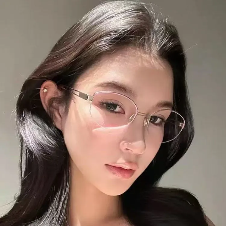 纯欲半框眼镜女近视可配度数清冷高级感素颜银框椭圆金属