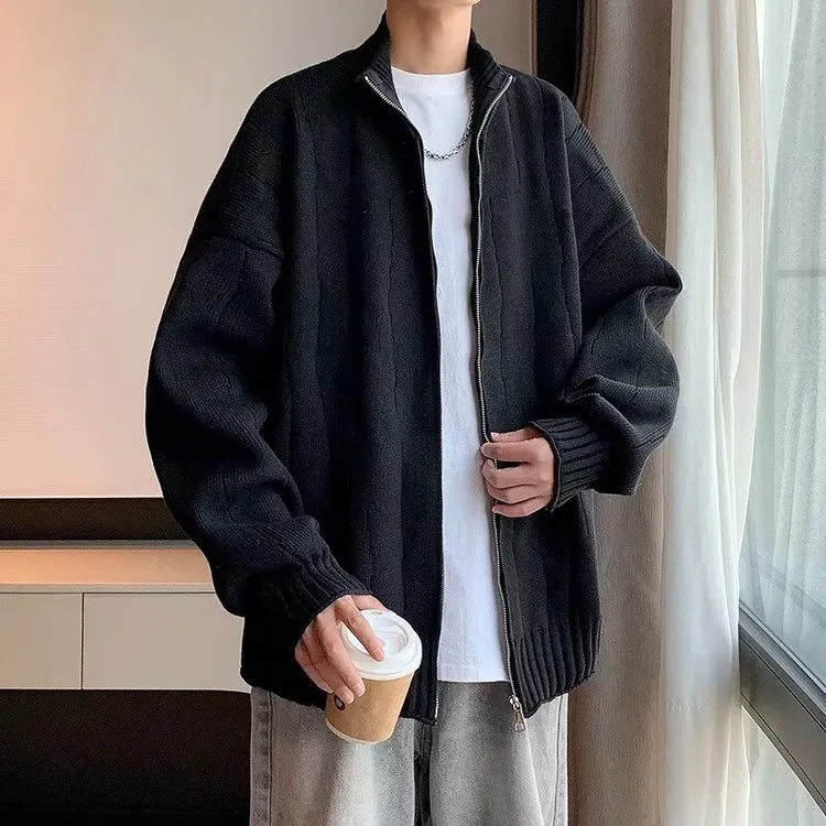 纹理高级感港风痞帅黑色毛衣开衫男款翻领冬季慵懒风纯色针织线衣