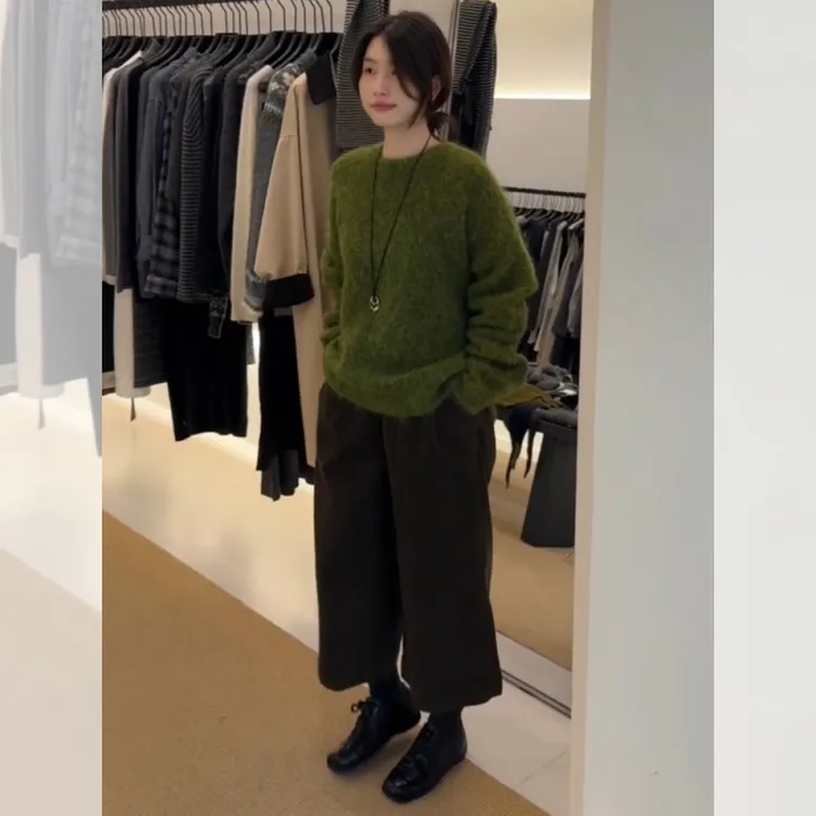 韩系慵懒高级感绿色毛衣女秋冬加厚软糯冬季穿搭松弛感宽松巨好看