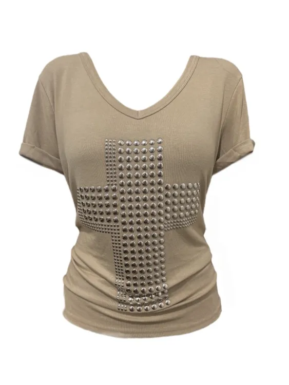 【Amy家】美式复古十字架铆钉v领短袖T恤女夏季宽松遮肉显瘦v领上衣