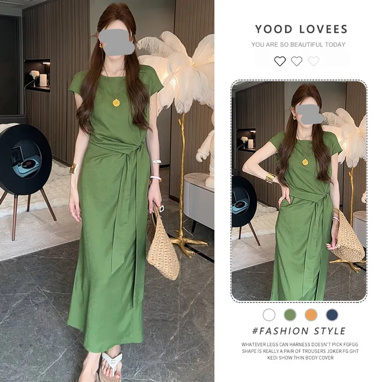 极简风气质绿色大方得体连衣裙女装2025夏季新款淑女法式收腰长裙
