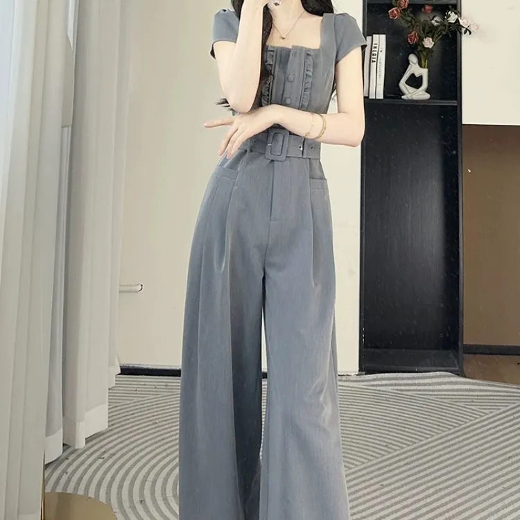 灰色法式连体裤女2025夏气质修身气质时尚显瘦大方得体连体衣套装