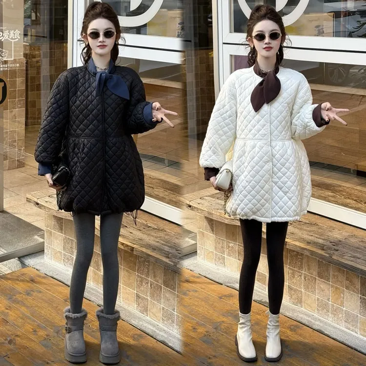 菱格圆领棉衣女2025冬季新款时髦洋气收腰显瘦中长款轻薄棉袄外套