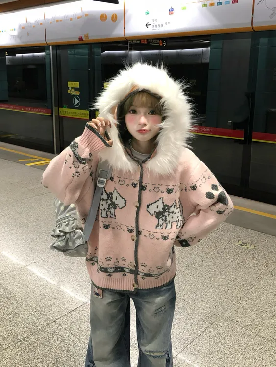 文文乖乖毛织美式复古毛领提花连帽针织开衫费尔岛小狗毛衣女秋冬