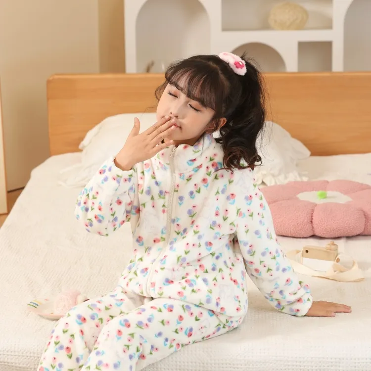 女童睡衣秋冬季2025新款开衫套装女宝宝冬款韩版儿童珊瑚绒家居服