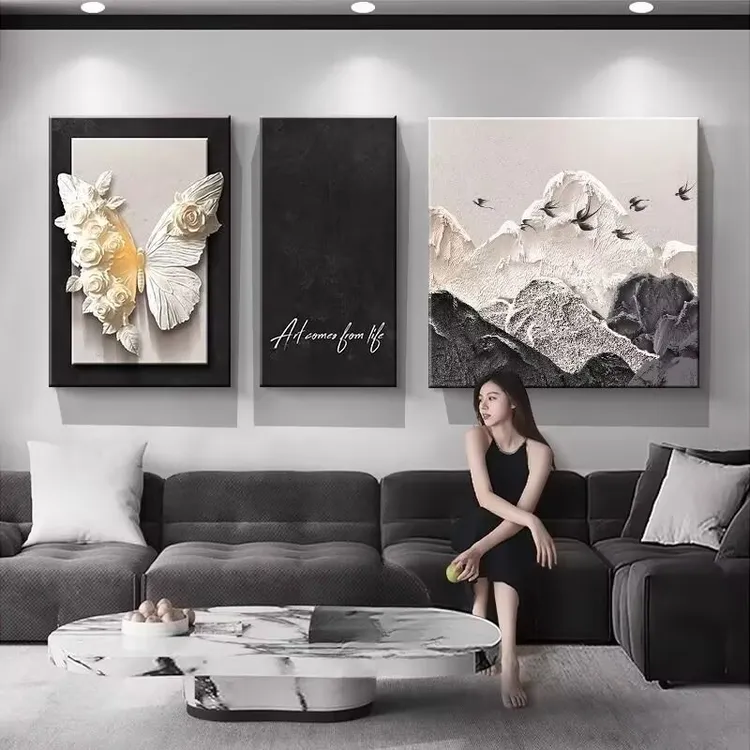 法式中古风客厅装饰画高级感沙发背景墙挂画黑白蝴蝶2025新款壁画