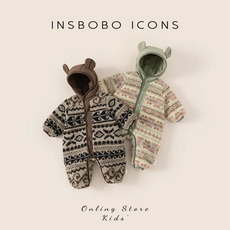 INSbobo儿童连体保暖爬服冬季新品洋气拼接花色连帽爬服DY15032