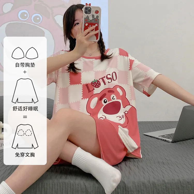 2025年夏季睡衣女士短袖自带胸垫防凸点休闲公主风家居服薄款套装