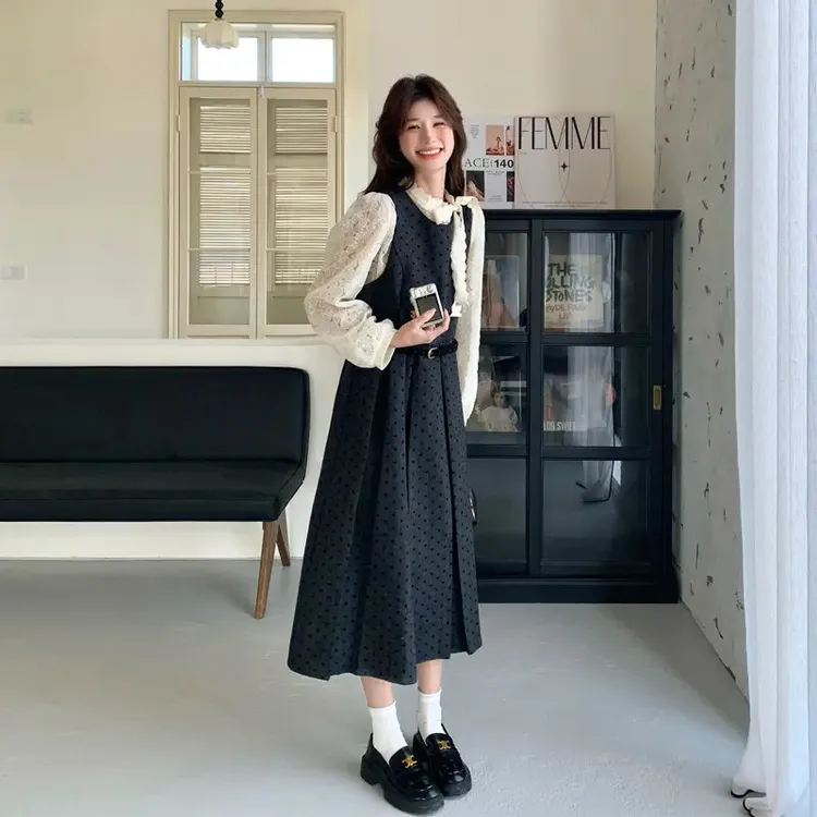 法式miu系蕾丝波点衬衫背心裙2025春秋新款复古甜美风显瘦套装裙