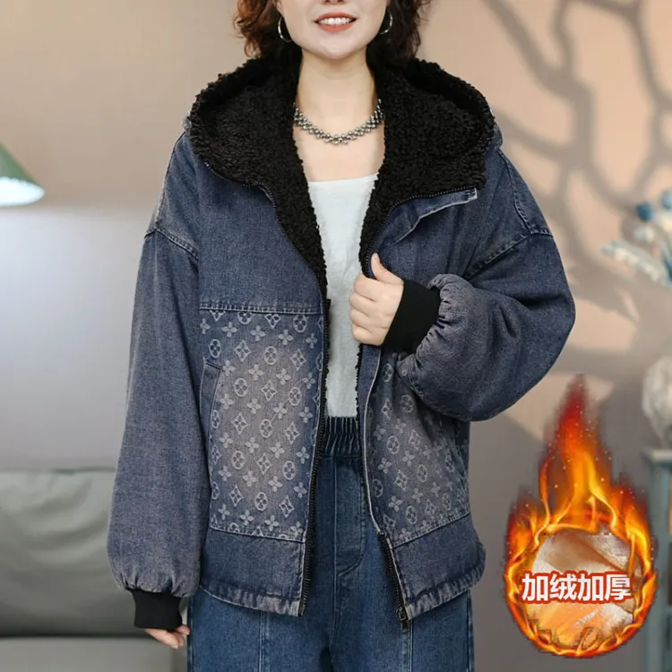 2601牛仔连帽棉衣百搭加绒加厚冬季新款棉服外套宽松时尚洋气