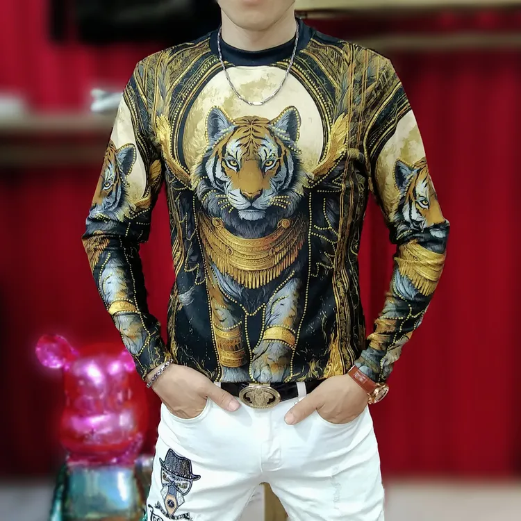 男士秋冬新款时尚个性虎头提花打底衫修身弹力半高领德绒长袖T恤