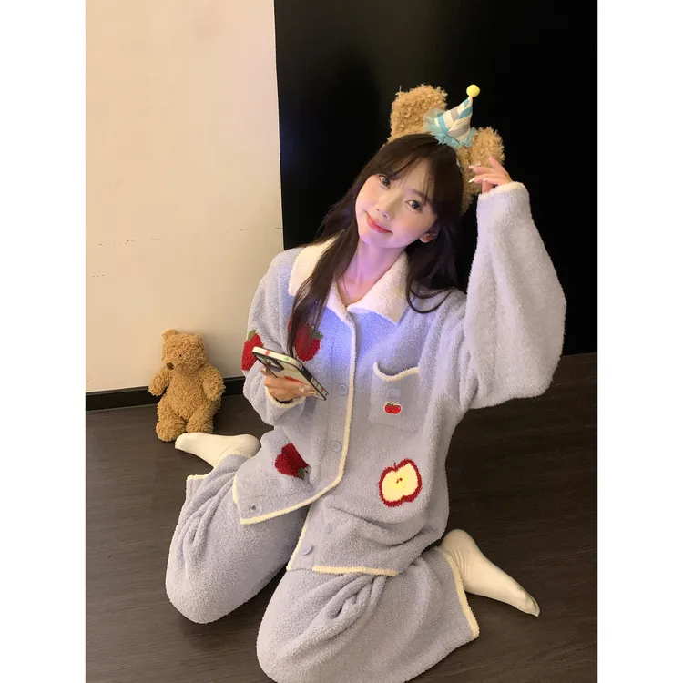 韩系甜美可爱软糯慵懒半边绒睡衣女秋冬季款开衫针织家居服套装