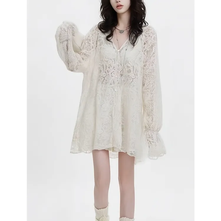 颖子定制【月光信笺】V领长袖蕾丝上衣百搭休闲纽扣内搭上衣6685
