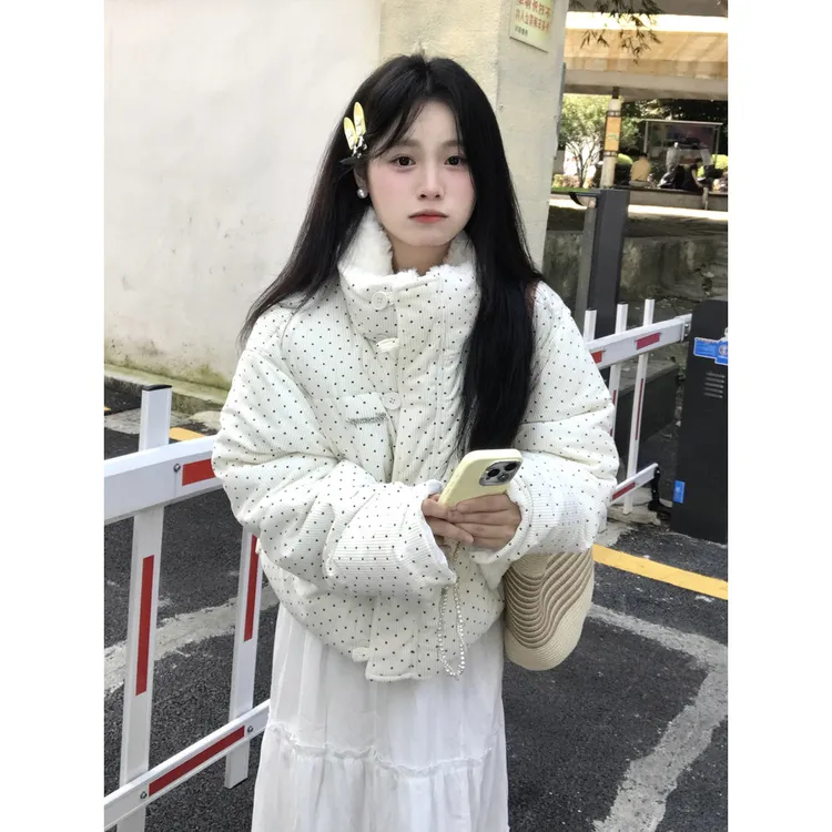 甜美风温柔波点棉衣外套女冬季新款韩系奶呼呼加厚棉衣小个子短款