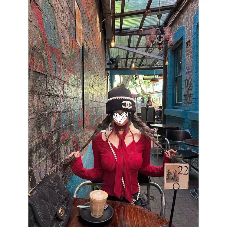 辣妹性感假两件挂脖针织衫女修身内搭打底上衣2025秋冬新款F01507