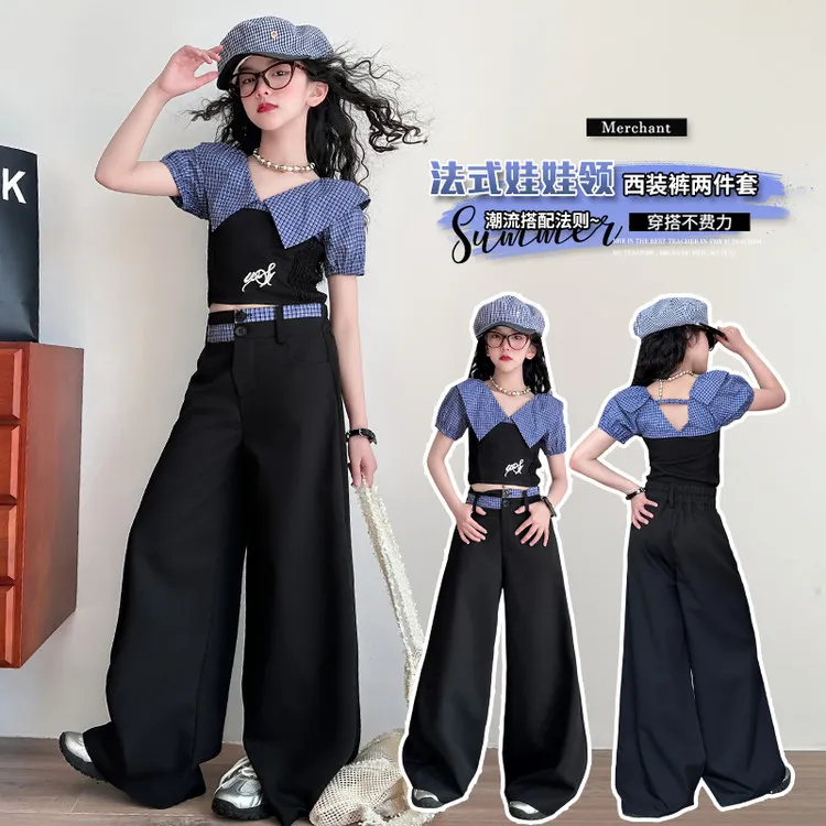 2025新款夏季时尚女童法式娃娃领套装洋气百搭阔腿裤两件套潮