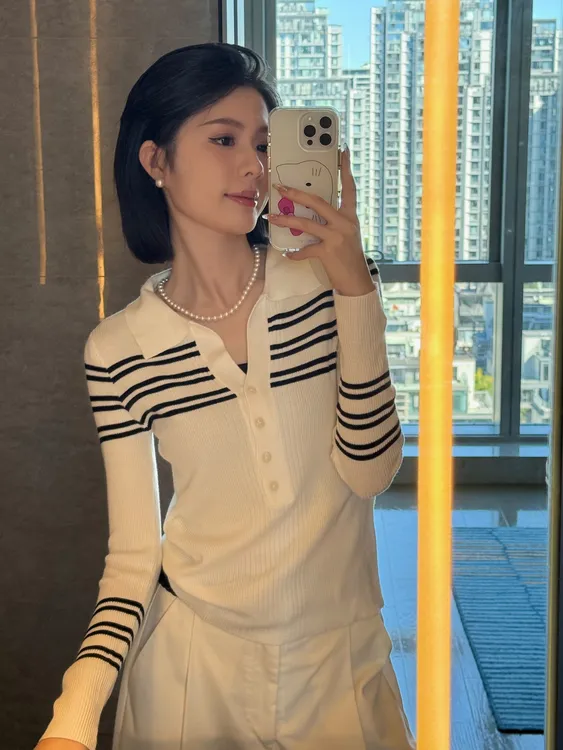 YERUNLU针织短袖女修身显瘦正肩polo领上衣高级感时尚百搭