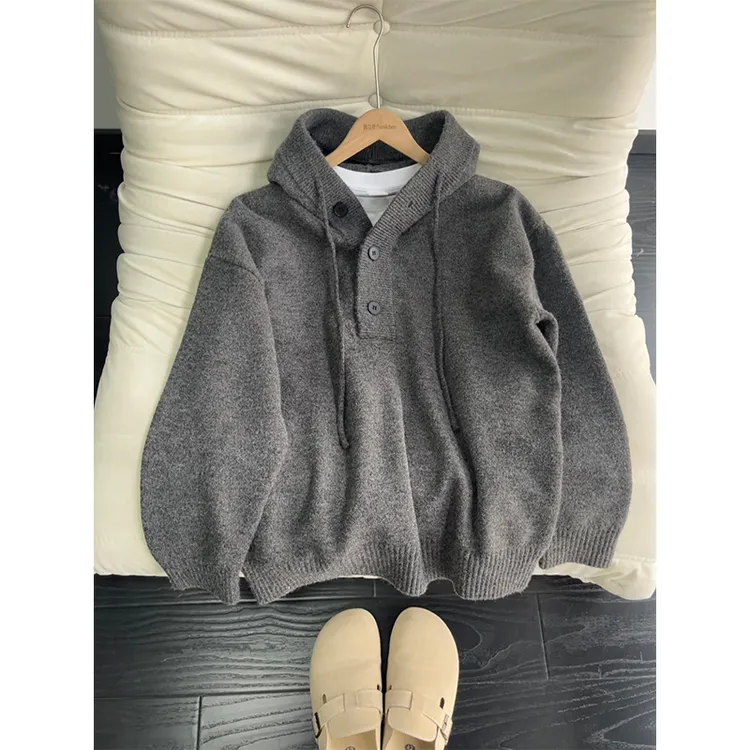 套头连帽毛衣男女款秋冬季亨利领针织卫衣慵懒感美式oversize外套