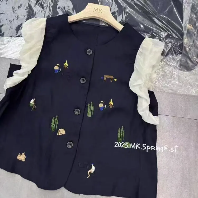 韩系卡通刺绣圆领小飞袖衬衫夏季新款减龄显瘦洋气上衣