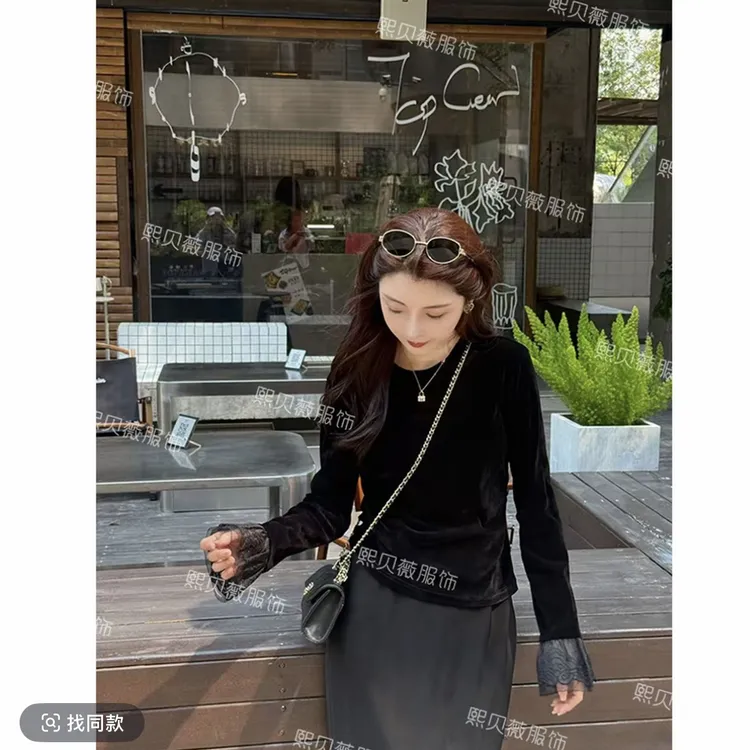 丝绒刺绣蕾丝拼接长袖t恤女2025新款爆款巨好看的早秋打底衫上衣