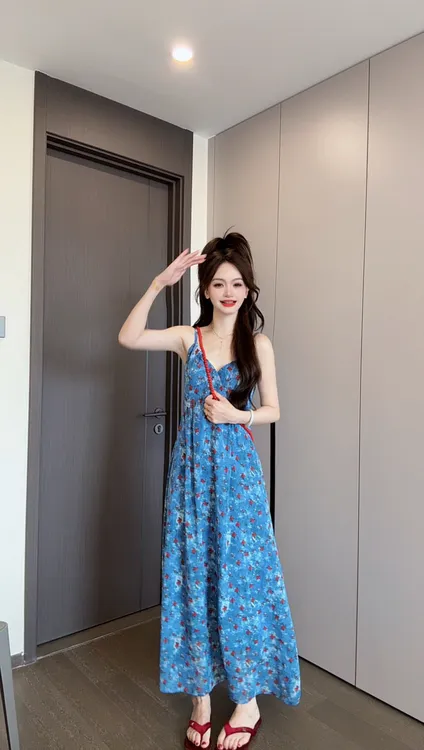 泰兰德少女吊带度假风碎花吊带连衣裙女夏季新款气质收腰A字长裙
