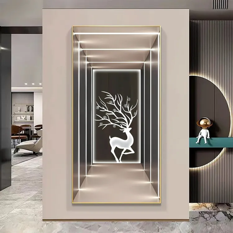 轻奢高端福鹿入户门玄关装饰画走廊过道尽头挂画延伸视觉带灯挂画