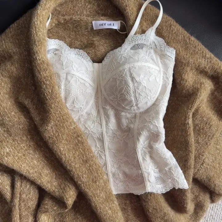 蕾丝磨毛保暖带胸垫吊带背心女可外穿修身显瘦内搭打底上衣秋冬款