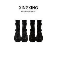 X.x.马丁靴女复古做旧皱皱短靴机车靴中筒双扣平底112