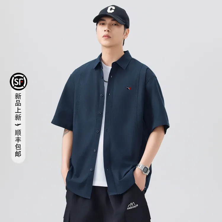 驭瑛汤米格罗斯短袖衬衫男士夏季纯棉拼接刺绣翻领宽松衬衣服外套