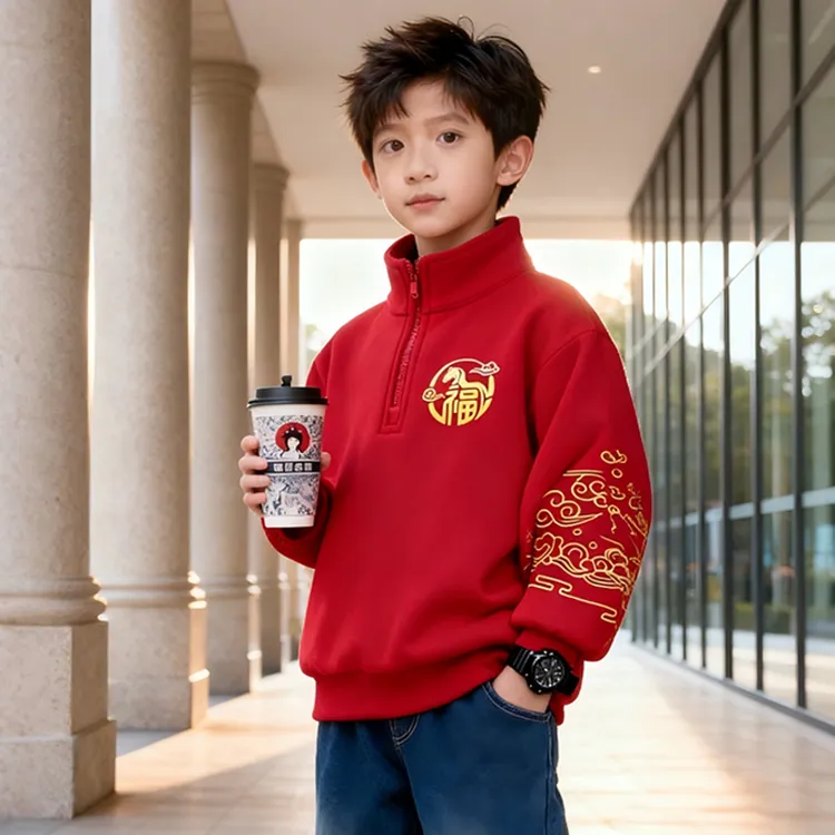 男童红色拜年服秋冬款加厚加绒2026新款儿童新年冬马年半高领卫衣