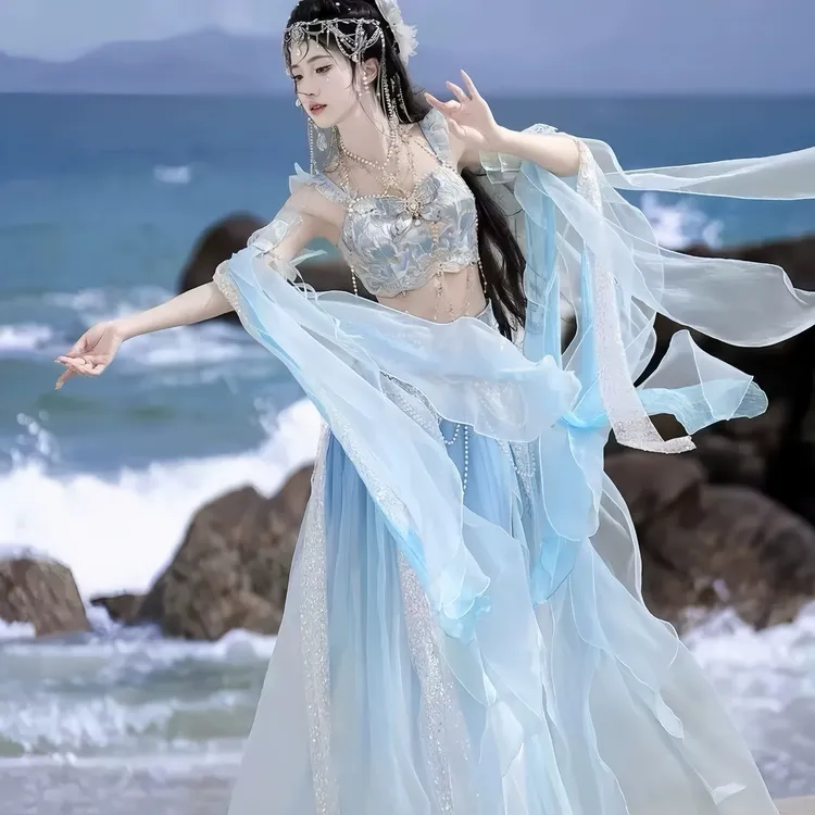 人鱼原创异域系列人鱼公主渐变印染刺绣齐胸仙女汉服重工爆款发完