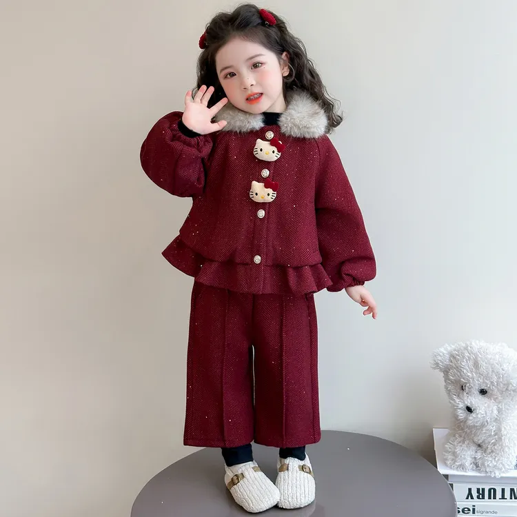 女童小香风毛领加绒套装冬季2026新款儿童加厚拜年服宝宝过年衣服