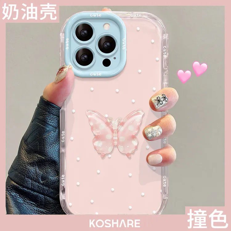 波点蝴蝶适用苹果15/14/13透明iPhone16promax果冻奶油卡通手机壳