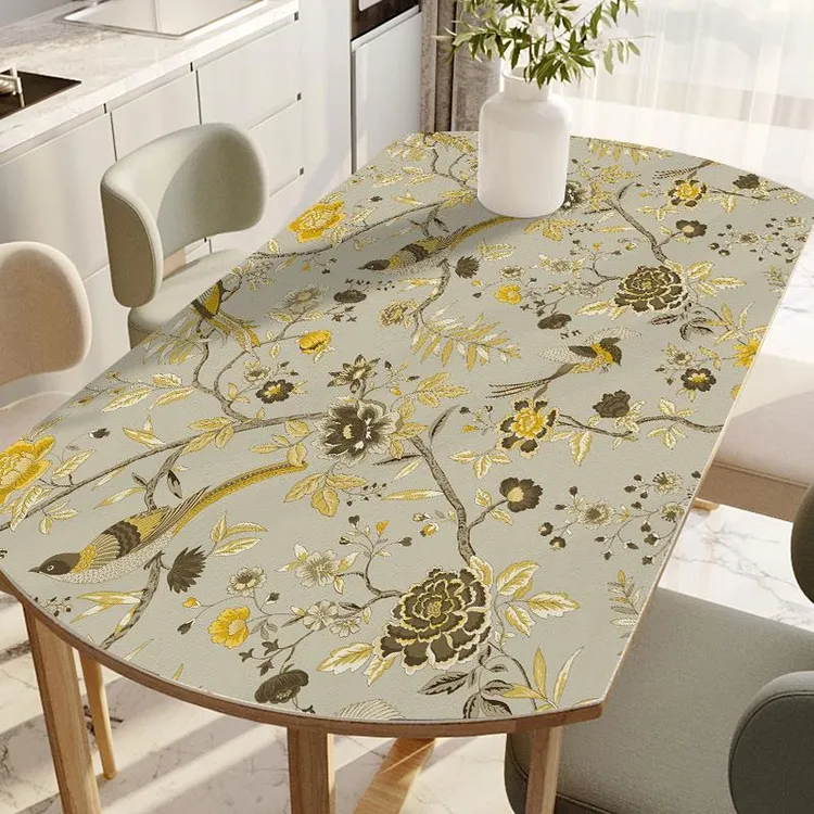 中国田园风椭圆形硅胶餐桌桌布高级感防水防油防滑新中式茶几桌垫