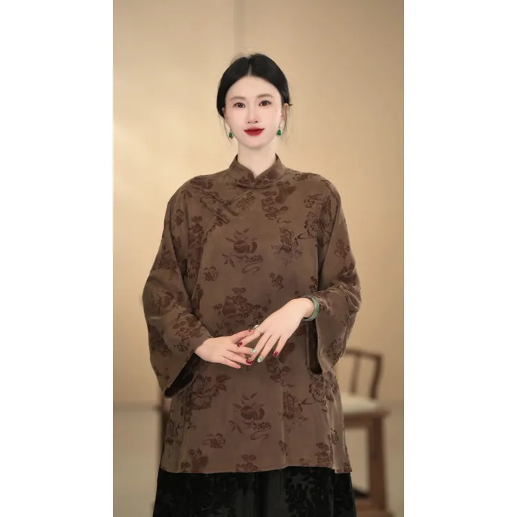 「琥珀糖」新中式时尚立领宽松复古汉服网红气质纯色斜襟长袖上衣