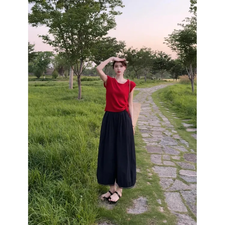 气质侧抽绳短袖2025夏季新款韩版休闲减龄小衫上衣裤子套装女