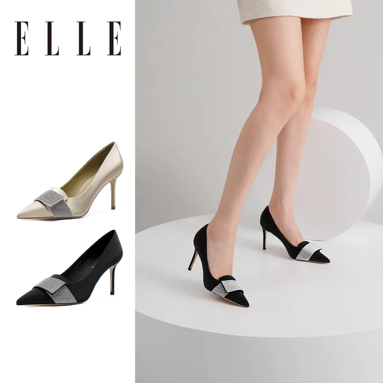 ELLE8CM水钻扣设计感时装单鞋女2025新款真皮气质百搭宴会高跟鞋