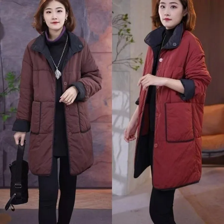 爆款双面穿立领棉服2025秋冬新款时尚休闲撞色中长款外套