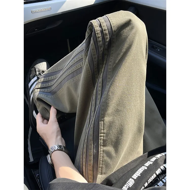 条纹裤子男夏季款美式三条杠潮牌直筒裤工装伐木休闲阔腿运动长裤