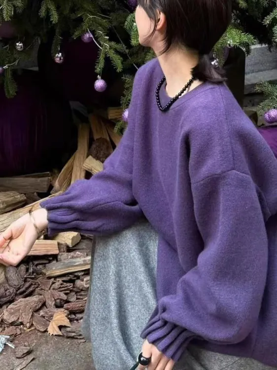 【新疆西藏包邮】褶皱袖圆领大版毛衣女红色韩版秋冬设计感套头针织