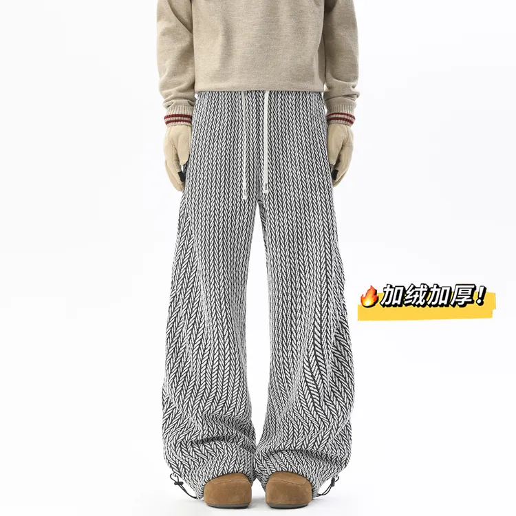 冬季条纹加绒休闲裤男个性高级感人字纹卫裤加厚保暖宽松阔腿长裤