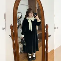 LT STUDIO辣条大码女装 爱丽丝千金撞色蝴蝶结丝绒连衣裙