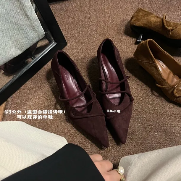 2025秋季新款气质绒面尖头小低跟高跟鞋时尚百搭复古显瘦通勤单鞋